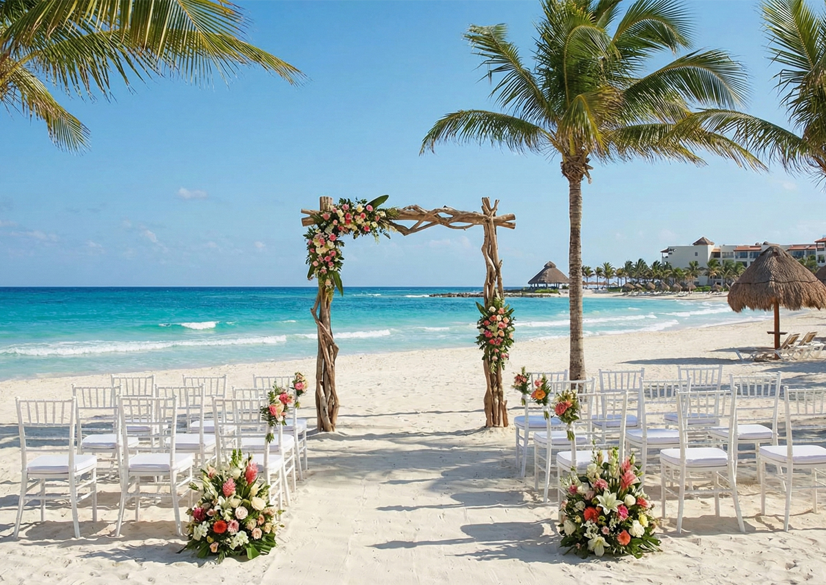 Destination wedding dinner reception setup for 30 guests on an oceanfront beach terrace